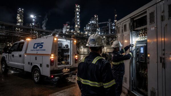 CPS field service technicians responding to a critical power system outage at an industrial facility during nighttime emergency operations.
