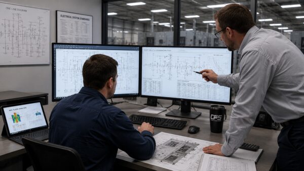 Electrical engineers reviewing power system one-line diagrams, coordination studies, and arc flash analysis during an engineering design review.