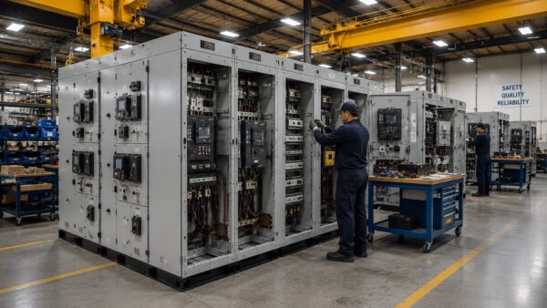 Technician assembling custom low-voltage switchgear in a modern electrical equipment manufacturing facility.
