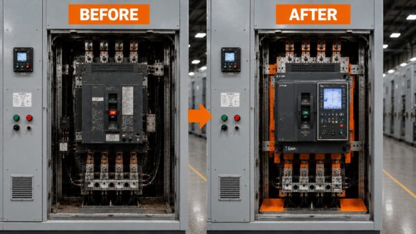 Before-and-after comparison of switchgear modernization showing a legacy breaker upgraded with a modern digital trip unit retrofit to improve reliability and extend equipment life.