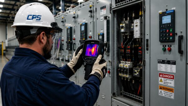 Technician performing infrared thermography inspection of energized switchgear to identify potential electrical hot spots and reliability risks.