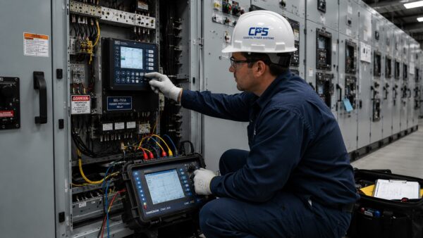 Technician performing relay testing and commissioning inside low-voltage switchgear using professional electrical test equipment.