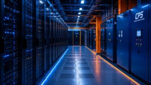 Modern data center interior with server racks, critical power distribution equipment, and mission-critical electrical infrastructure supporting continuous operations.