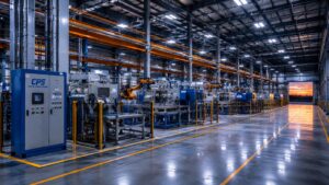 Modern industrial manufacturing facility with automated production equipment, electrical distribution systems, and mission-critical power infrastructure supporting continuous operations.