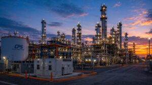 Modern oil and gas processing facility with electrical distribution infrastructure, process equipment, and mission-critical power systems at sunset.