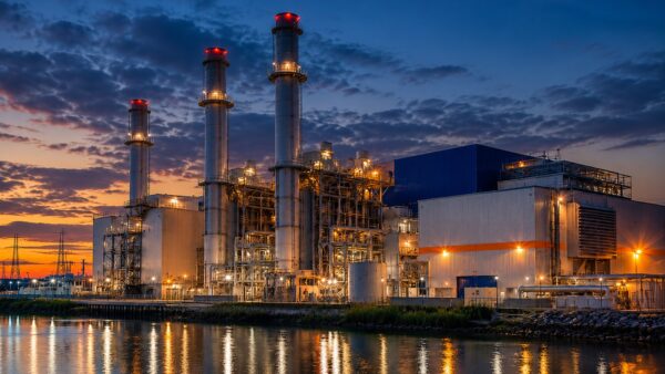 Modern power generation facility with gas turbine infrastructure, electrical distribution systems, and utility-scale energy production equipment at sunset.