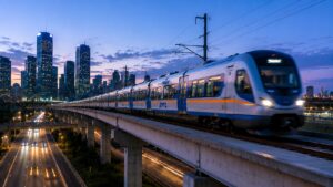Modern transportation infrastructure featuring rail transit systems, electrical power distribution equipment, and critical mobility networks.