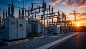High-voltage electrical utility substation with transformers, breakers, and power distribution infrastructure supporting reliable grid operations.