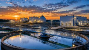 Municipal water and wastewater treatment facility with clarifiers, pumping systems, electrical control infrastructure, and critical utility operations.