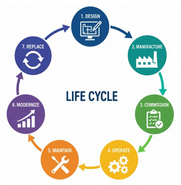 Life Cycle - Coastal Power Systems Life cycle graphic showing the phases of electrical power systems